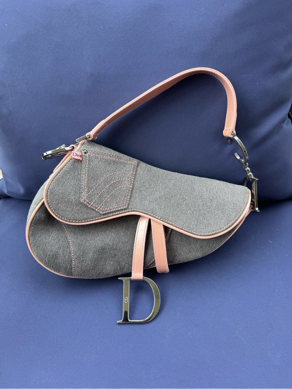 Dior Saddle Bag in Gray Canvas with Pink Trim